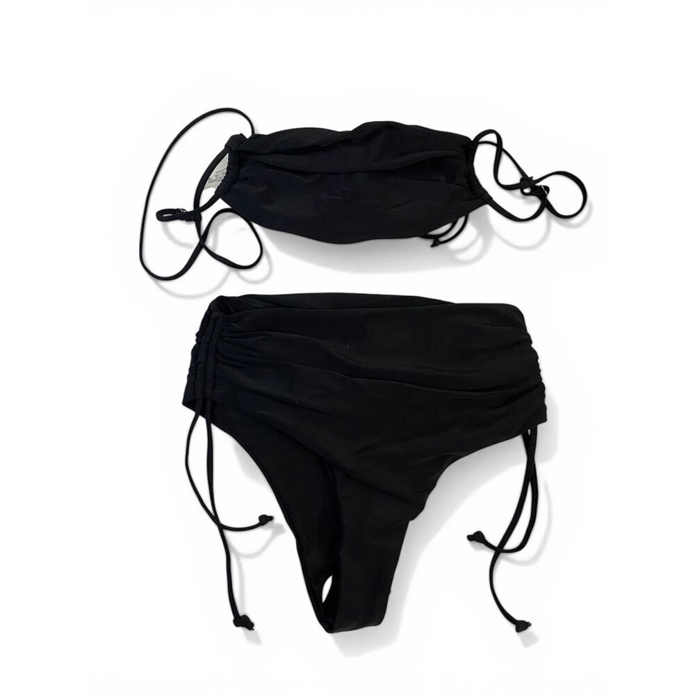 NWT SHEIN Black Bandeau Bikini Set High Waist Ruched Adjustable Straps Size S - Picture 2 of 9